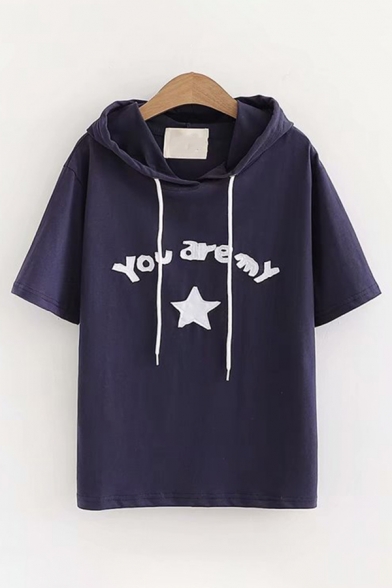 Cute Fashion Girls' Short Sleeve Drawstring Letter YOU ARE MY Pentagram Graphic Relaxed Fit Hoodie T Shirt