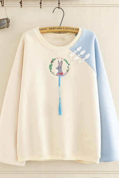 Cute Girls' Long Sleeve Round Neck Rabbit Embroidered Fringe Frog Button Colorblocked Relaxed Fit Sweatshirt