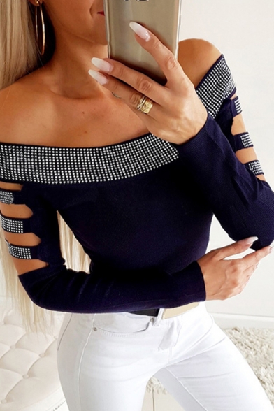 Edgy Girls' Navy Long Sleeve Off the Shoulder Diamante Hollow Out Slim Fit Knit Tee Top