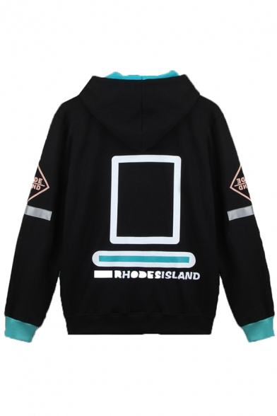 Fashionable Boys' Black Long Sleeve Zipper Front Letter Geometric Graphic Contrasted Relaxed Hoodie