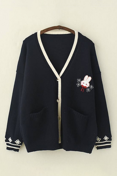 Girls' Preppy Looks Long Sleeve V-Neck Button Down Rabbit Embroidery Floral Print Contrast Piped Knit Cardigan