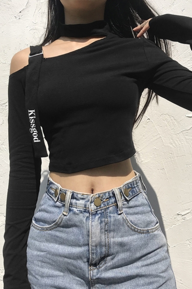 Goth Girls Long Sleeve Halter Letter KISS GOD Buckle Strap Fitted Crop T Shirt in Black