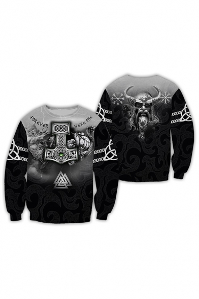 Gothic Boys' Long Sleeve Crew Neck Letter FOREVER WE'RE ONE Bull Demon King 3D Graphic Relaxed Pullover Sweatshirt in Black