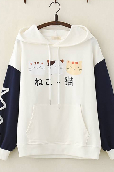Harajuku Womens Long Sleeve Drawstring Japanese Letter Cat Graphic Lace Up Colorblocked Pouck Pocket Loose Hoodie