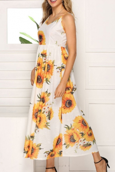 Hawaii Style Sleeveless All Over Flower Pattern Split Side Maxi Flowy Cami Dress for Women