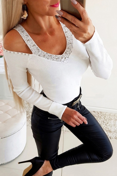 Designer Ladies' Long Sleeve V-Neck Cut Out Rhinestone Plain Fitted Knit T Shirt Top