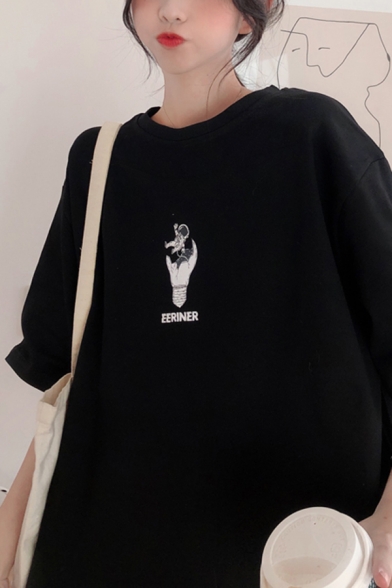 Kpop Girls Short Sleeve Round Neck Astronaut Moon Graphic Oversize Tee