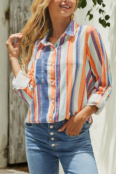 Ladies' Pretty Chic Roll Up Sleeve Lapel Neck Button Down Panel Pocket Stripe Printed Relaxed Fit Shirt