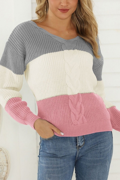 

Popular Thickened Long Sleeve V-Neck Cable Knit Color Block Loose Fit Pullover Sweater for Ladies, Blue;pink;gray, LM595522