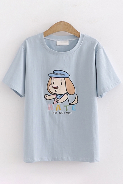 Popular Womens Short Sleeve Round Neck Letter HATE Dog Graphic Loose Fit T Shirt