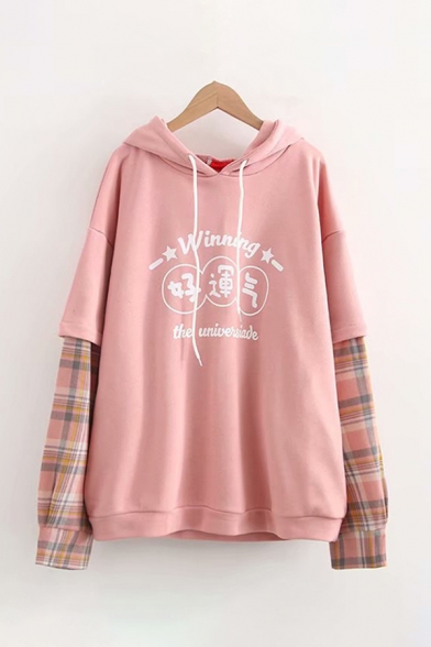 Pretty Fashion Long Sleeve Drawstring Letter WINNING Checker Printed Panel Oversize Hoodie for Women