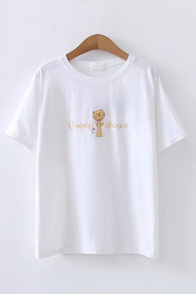 Simple Summer Short Sleeve Round Neck Cat Letter Graphic Embroidered Relaxed T-Shirt
