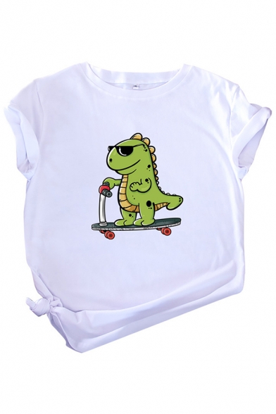 Simple Womens Roll Up Sleeve Round Neck Dinosaur Printed Relaxed T Shirt