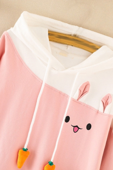 Student Girls' Lovely Long Sleeve Carrot Drawstring Rabbit Pattern Oversize Color Block Hoodie