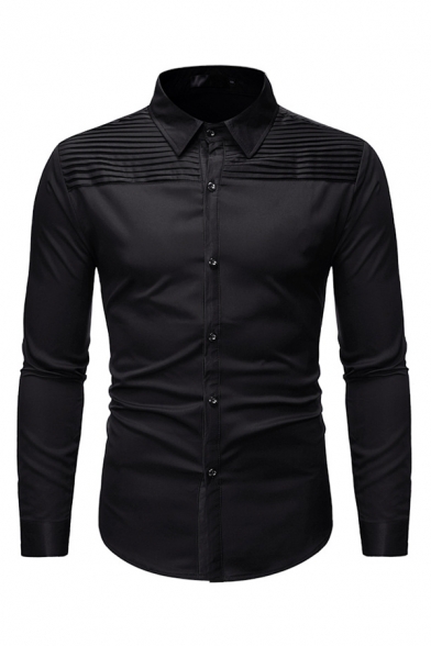 Stylish Boys Long Sleeve Lapel Collar Button Down Pleated Solid Color Curved Hem Slim Fit Shirt