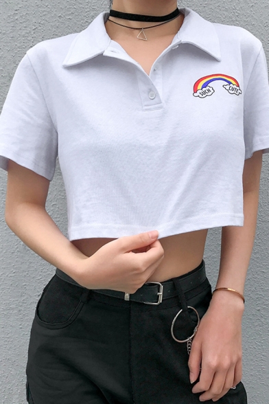 Stylish Girls Short Sleeve Lapel Collar Button Up Letter SUCH CUTE Rainbow Graphic Relaxed Crop Polo Top in White