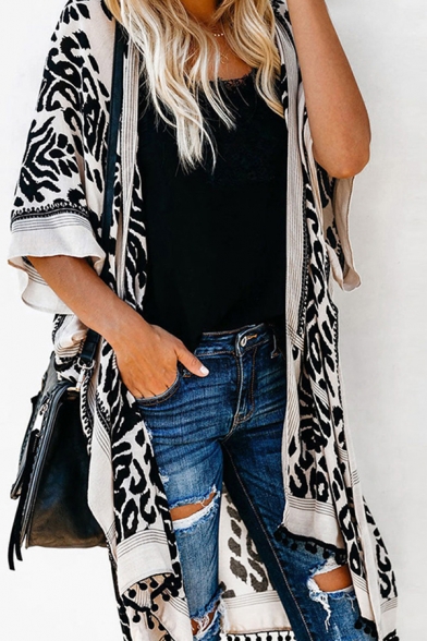 Stylish Unique Ladies Bell Sleeve All Over Floral Printed Fringe Relaxed Long Cardigan in Black