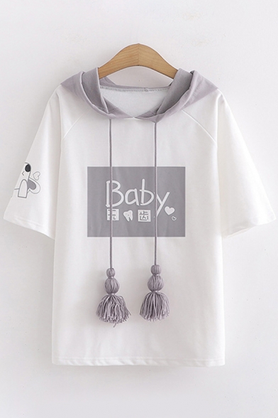 Trendy Girls Short Sleeve Hooded Fringe Drawstring Letter BABY Dog Graphic Color Block Loose T Shirt in White