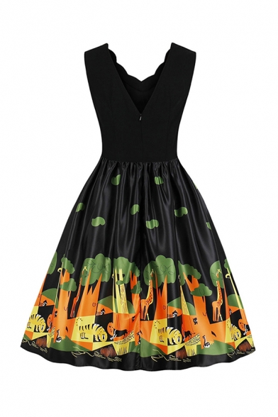 Trendy Girls' Sleeveless V-Neck Scallop Trim Cartoon Animal Printed Long Pleated Swing Dress in Black