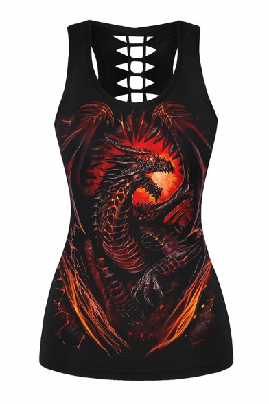 Trendy Womens Sleeveless Round Neck Dragon Patterned Hollow Out Relaxed Tank Top in Black