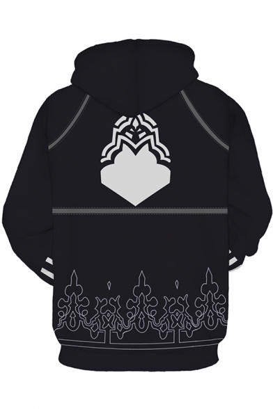 Automata Anime Cosplay Mens Long Sleeve Drawstring 3D Patterned Loose Black Hoodie with Pocket