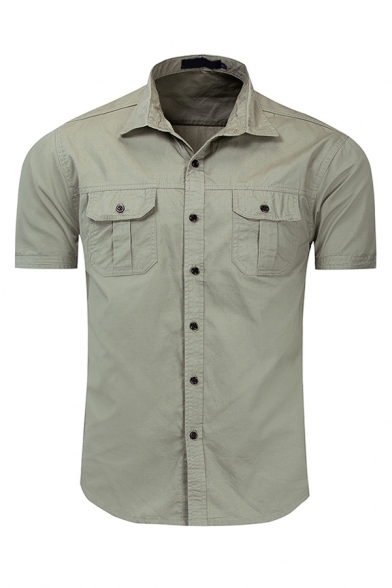 Basic Cool Mens Short Sleeve Lapel Collar Flap Pocket Button Front Slim Fit Shirt