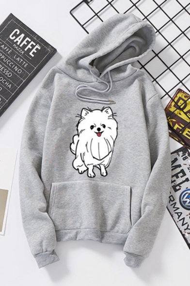 Basic Girls Long Sleeve Drawstring Dog Patterned Pouch Pocket Loose Fit Hoodie