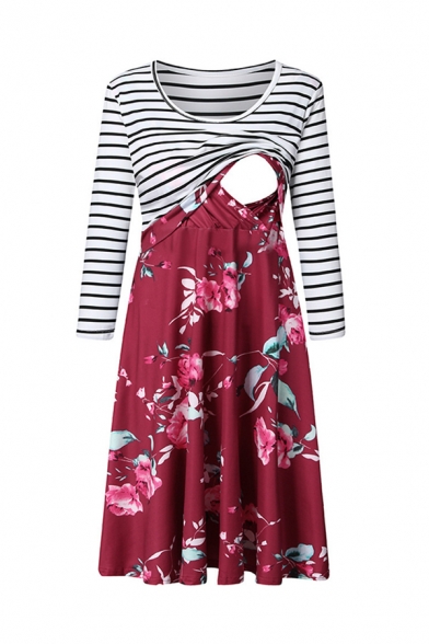 Casual Basic Women's Long Sleeve Round Neck Stripe Floral Patterned Nursing Long Pleated A-Line Dress