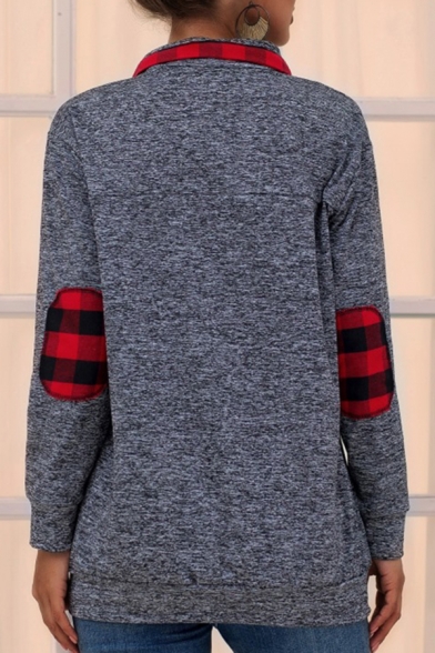 Casual Classic Long Sleeve Stand Color Plaid Pattern Panel Relaxed Fit Pullover Sweatshirt in Dark Gray