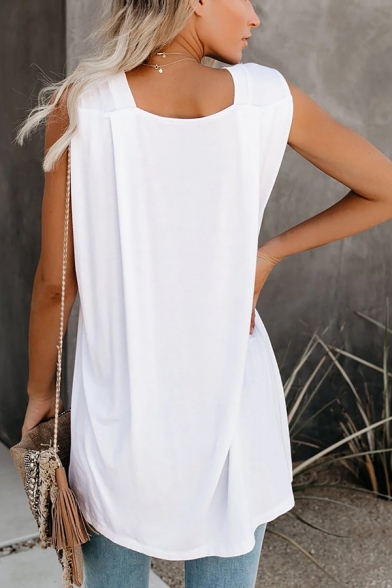 Casual Women's Solid Color Crew Neck Asymmetric Hem Relaxed Fit Tank Top