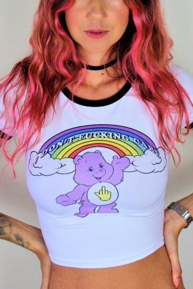 Chic Street Girls Short Sleeve Round Neck DON'T FUCKING CARE Letter Rainbow Bear Graphic Contrast Piped Slim Fit Crop Tee in White
