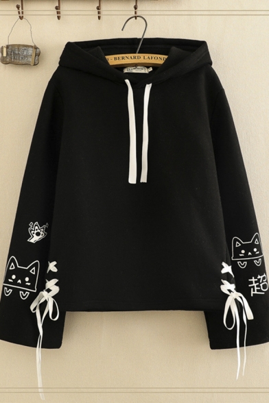 Chic Stylish Ladies' Long Sleeve Drawstring Lace Up Cat Printed Relaxed Fit Hoodie