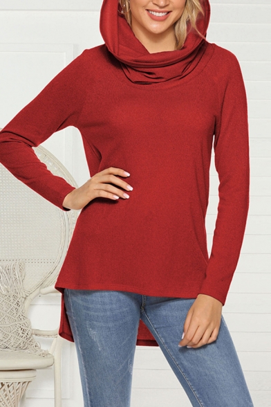 Classic Women's Solid Color Long Sleeve Cowl Neck High and Low Hem Relaxed Fit T Shirt