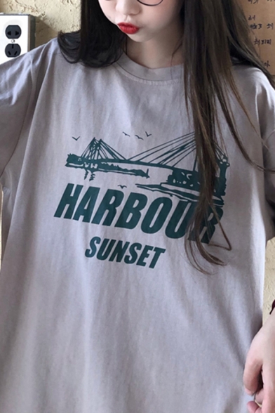 Cool Girls' Short Sleeve Crew Neck Letter HARBOUR SUNSET Graphic Longline Oversize BF Tee