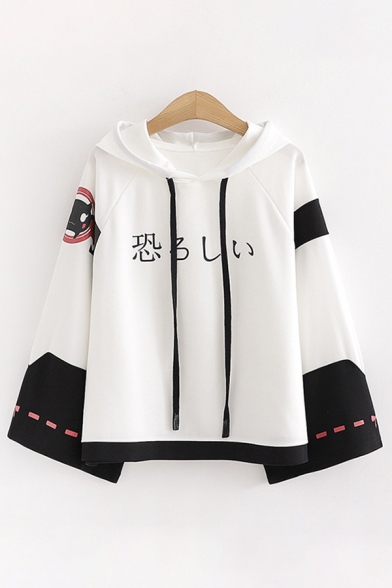 

Cool Street Ladies Long Sleeve Drawstring Japanese Letter Striped Graphic Colorblocked Loose Fit Hoodie, Black;white, LC598047