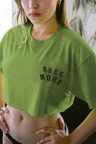 Cool Stylish Short Sleeve Round Neck Letter ROCK MORE Loose Fit Crop T Shirt for Girls