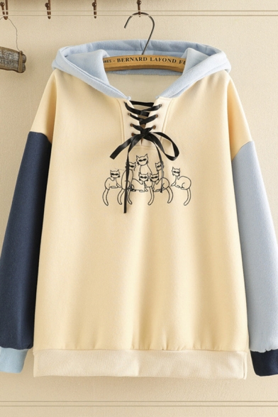 Cute Kawaii Girls' Long Sleeve Lace Up Front Cartoon Cat Printed Color Block Relaxed Fit Hoodie