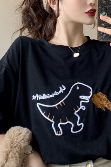 Cute Women's Three-Quarter Sleeves Crew Neck Dinosaur Graphic Relaxed Fit T-Shirt