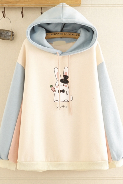 Fancy Girls Long Sleeve Drawstring Japanese Letter Rabbit Graphic Color Block Oversize Hoodie