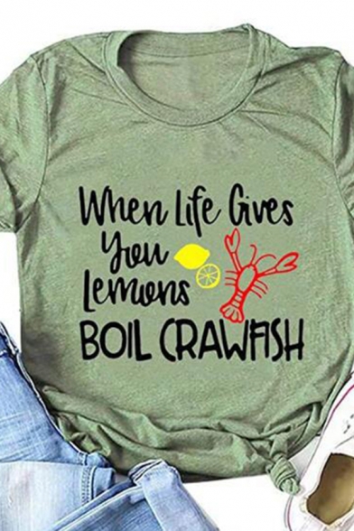 Girls Fashion Roll-Up Sleeve Crew Neck Letter BOIL CRAWFISH Lobster Graphic Fitted T Shirt