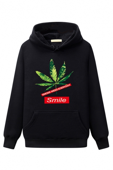 Guys' Trendy Long Sleeve Letter SMILE Leaf Printed Pouch Pocket Relaxed Fit Hoodie