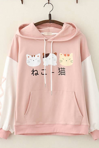 Harajuku Womens Long Sleeve Drawstring Japanese Letter Cat Graphic Lace Up Colorblocked Pouck Pocket Loose Hoodie