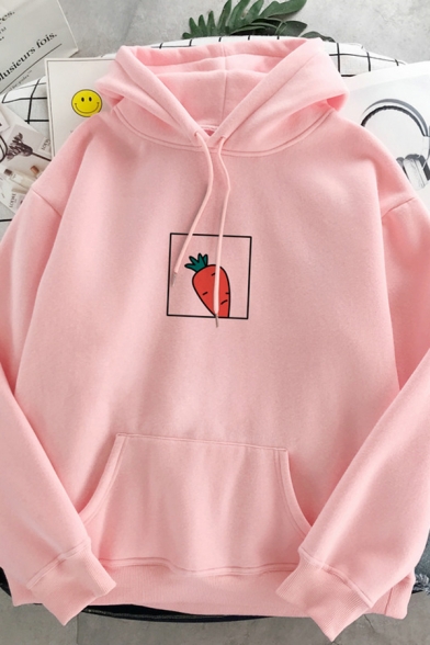 Korean Girls Long Sleeve Drawstring Carrot Printed Relaxed Fit Hoodie with Pocket