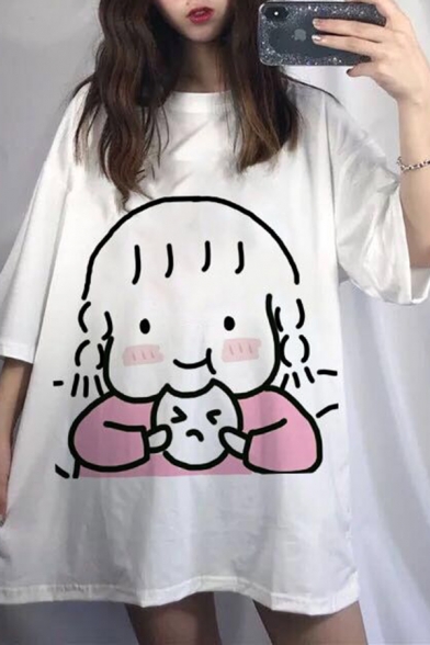 Korean Girls' Short Sleeve Round Neck Cartoon Girl Pattern Oversize Long T-Shirt