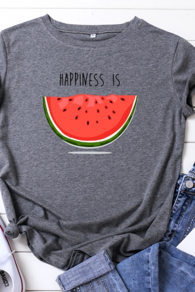 Leisure Girls Short Sleeve Round Neck Letter HAPPINESS IS Watermelon Graphic Relaxed T-Shirt