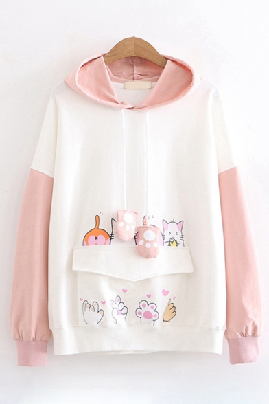 Lovely Girls Long Sleeve Drawstring Cat Patterned Flap Pocket Patched Color Block Oversize Hoodie