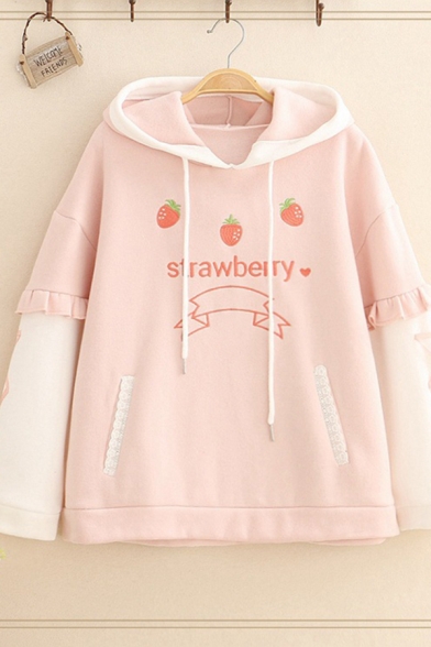 Lovely Girls' Pink Long Sleeve Strawberry Graphic Stringy Selvedge Colorblock Drawstring Hoodie