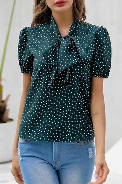 Lovely Girls Puff Sleeves Bow Tied Neck Polka Dot Relaxed Blouse Top