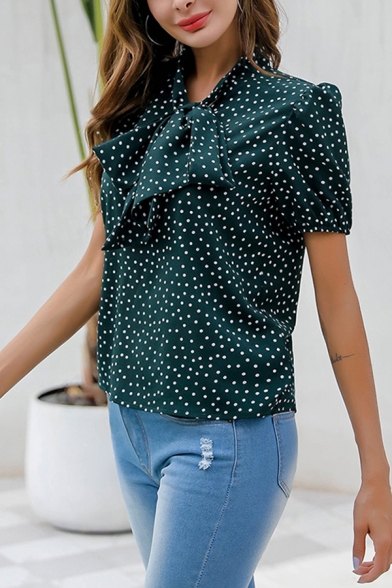 Lovely Girls Puff Sleeves Bow Tied Neck Polka Dot Relaxed Blouse Top