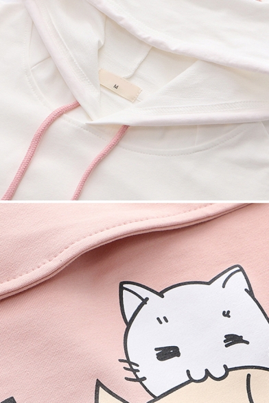 Popular Trendy Ladies Long Sleeve Hooded Drawstring Letter LUCKY Cat Graphic Flap Pocket Color Block Loose Cat Ear Hoodie